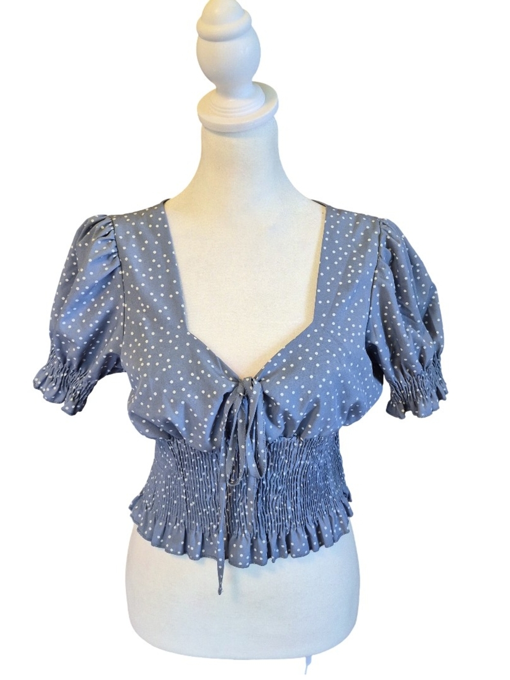 SHEIN Blue Polka Dot Tie-Front Smocked Crop Top